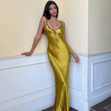 Women's Satin Solid Color Maxi Dress Deep V Backless Spaghetti Strap Bodycon Party Dress