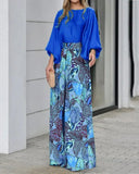 Women's 2-Piece Vacation Outfit Set, Puff 3/4 Sleeve Solid Blouse & High Waist Tropical Leaf Print Wide Leg Pants
