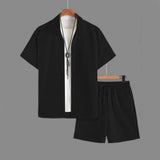 Men's 2 Piece Jacquard Set with Short Sleeve Button Up Shirt and Drawstring Shorts for Casual and Vacation Wear