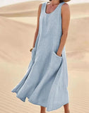 Women's Cotton Linen Sleeveless Maxi Dress with Side Pockets Loose Fit for Casual Vacations