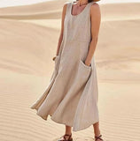 Women's Cotton Linen Sleeveless Maxi Dress with Side Pockets Loose Fit for Casual Vacations