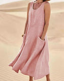 Women's Cotton Linen Sleeveless Maxi Dress with Side Pockets Loose Fit for Casual Vacations