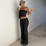 Women's 2 Piece Outfit Strapless Bandeau Crop Top and High Waist Flare Pants Set