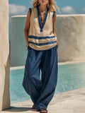 Womens 2 Piece V Neck Color Block Sleeveless Top and High Waist Wide Leg Pants Casual Vacation Set