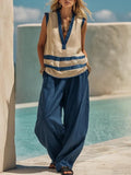 Womens 2 Piece V Neck Color Block Sleeveless Top and High Waist Wide Leg Pants Casual Vacation Set