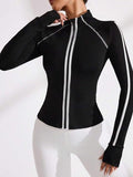 Womens Stand Collar Full Zip Contrast Color Thumb Hole Yoga Jacket Slim Waist Long Sleeve Sport Activewear Outerwear