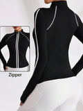 Womens Stand Collar Full Zip Contrast Color Thumb Hole Yoga Jacket Slim Waist Long Sleeve Sport Activewear Outerwear