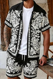 Men's Black White Floral Print 2 Piece Camp Collar Short Sleeve Button Up Shirt and Drawstring Casual Shorts Set