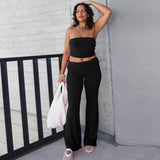 Women's 2 Piece Outfit Strapless Bandeau Crop Top and High Waist Flare Pants Set