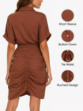 Women's Boho Dress Collared Single Breasted Tie Waist Short Sleeve Shirt Dress Rushed Botton Front Casual Vacation