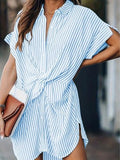 Women's Striped Print Twist-Front Short Sleeve Shirt Tunic with Side Slits for Casual Everyday Wear