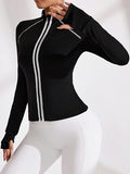Womens Stand Collar Full Zip Contrast Color Thumb Hole Yoga Jacket Slim Waist Long Sleeve Sport Activewear Outerwear