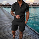 Men's 2 Piece Outfit Waffle Knit Half Zip Polo Shirt and Drawstring Pocket Shorts Set