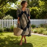 Women's Boho Floral Print Maxi Dress, V Neck 3/4 Sleeve Loose Casual Long Dress with Pockets