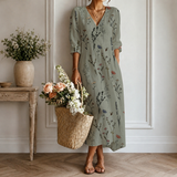 Women's Boho Floral Print Maxi Dress, V Neck 3/4 Sleeve Loose Casual Long Dress with Pockets
