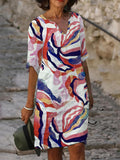 [Printed V-Neck Dress] Women's Spring/Autumn Casual Vacation Printed V-Neck Short Sleeve Dress, Loose Fit for Daily Wear