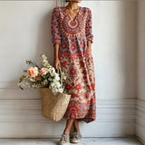 Women's Boho Floral Print Maxi Dress, V Neck 3/4 Sleeve Loose Casual Long Dress with Pockets