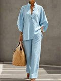 Women’s 2 Piece Outfits Oversized Button Top and Wide Leg Pants Set Casual Summer Vacation Matching Set
