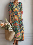Women's Boho Floral Print Maxi Dress, V Neck 3/4 Sleeve Loose Casual Long Dress with Pockets