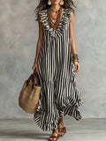 Bohemian Striped Dress Women'S Summer V-Neck Ruffled Sleeveless Loose Flared Vacation Long Dress