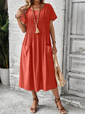 Women's Elegant Batwing Sleeve Dress - Directional Front Pleated Patch Pocket, Summer Casual Dress Loose Fit