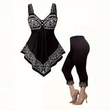Women Plus Size 2 Piece Set, Sexy Lace Floral Print Cami Top & Capri Black Pants, Elegant Casual Matching Set