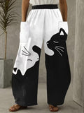 Women's Black and White Cat Print Elastic Waist Wide Leg Pants with Pockets for Casual Quirky Wear