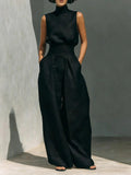 Women's 2-Piece Textured Outfit Set, Sleeveless Mock Turtleneck Top & High Waist Pleated Wide Leg Pants with Pockets