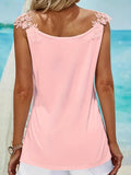 Women Chic Solid Color V-Neck Tank Top with Elegant Lace Shoulder Straps and Floral Applique Detail for Casual Attire