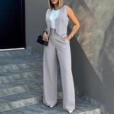 Women's Sleeveless V Neck Vest and Pants Set, 2 Piece Business Outfit, Button Front Vest with High Waist Wide Leg Pants