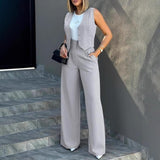 Women's Sleeveless V Neck Vest and Pants Set, 2 Piece Business Outfit, Button Front Vest with High Waist Wide Leg Pants