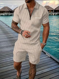 Men's 2 Piece Outfit Waffle Knit Half Zip Polo Shirt and Drawstring Pocket Shorts Set