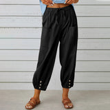 Women High Waist Drawstring Trousers Wide Leg Cropped Pants with Pockets