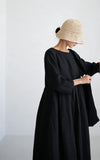 Women's Cotton-Linen Maxi Dress Three-Quarter Sleeve Pleated Loose Fit for Casual Daily Wear