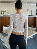 Womens Square Neck Lace Long Sleeve Contrast Crop Top Casual Romantic Blouse for Daily Wear