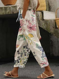 Women's Capri Pants with Pocket Linen Cotton Like High Waist Flowy Elastic Loose Fit Travel Summer Boho Gauze Pants