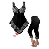 Women Plus Size 2 Piece Set, Sexy Lace Floral Print Cami Top & Capri Black Pants, Elegant Casual Matching Set