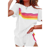 Women's Rainbow Stripe 2 Piece Loungewear Set Oversized Top and Shorts Casual Outfit