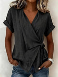 Women's Black Wrap V-Neck Short Sleeve Blouse with Waist Tie and Rolled Cuffs for Casual Everyday Wear
