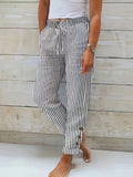 Women's Grey and White Striped Drawstring Waist Cropped Pants with Side Buttons and Pockets for Casual Everyday Wear