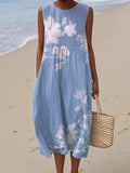 Women's Print Sleeveless Midi Dress, Round Neck Casual Loose Dress with Pockets, Lightweight Summer Tunic for Vacation