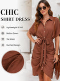 Women's Boho Dress Collared Single Breasted Tie Waist Short Sleeve Shirt Dress Rushed Botton Front Casual Vacation