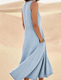 Women's Cotton Linen Sleeveless Maxi Dress with Side Pockets Loose Fit for Casual Vacations