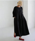Women's Cotton-Linen Maxi Dress Three-Quarter Sleeve Pleated Loose Fit for Casual Daily Wear