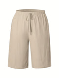 Womens Solid Color Drawstring Elastic Waist Loose Fit Casual Knee Length Shorts with Pockets