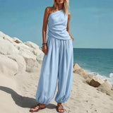 Womens 2 Piece One Shoulder Draped Sleeveless Top and High Waist Balloon Pants Casual Vacation Set