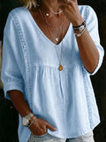 Women's White V-Neck Lace Trim Peplum Blouse with 3/4 Sleeves for Casual Bohemian Style