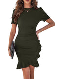 Spicy Sandia Women Ruched Bodycon Cocktail Formal Mini Dress Short Sleeve Elegant Ruffled Business Work Tulip Banquet Dress