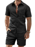 Men's 2 Piece Jacquard Set with Short Sleeve Button Up Shirt and Drawstring Shorts for Casual and Vacation Wear