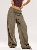 Womens Elastic Waist Crinkled Textured Wide Leg Pants Casual Lightweight Trousers for Daily Wear